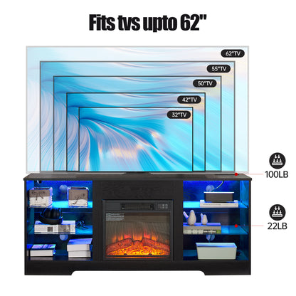 TV Stand Electric Fireplace TV Stand With Glass Shelves, 3D Fireplace TV Stand With LED Lights Wood With USB Charging Outlet Modern Television Table Center For TV Up To 32-62 Black 58Wx15.4Dx24.4