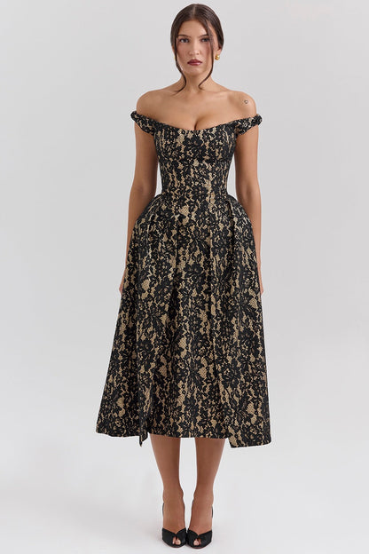 Off Shoulder Dress - Backless Floral Print Midi Dress with Waist Detail