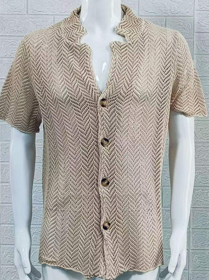 Men's Plus Size Herringbone Eyelet Button Down Knit Shirt