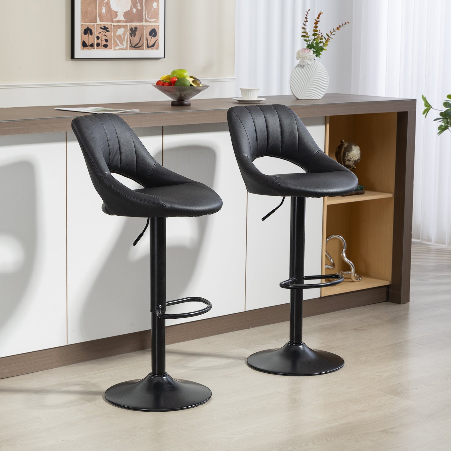 Set Of Two Faux Leather Bar Stools - Black