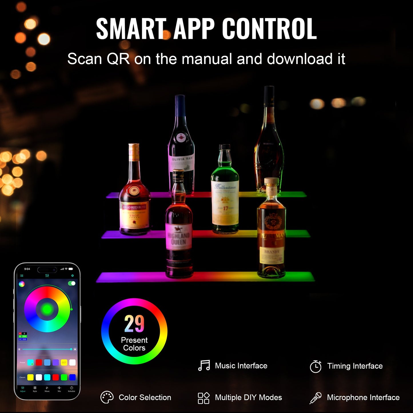 LED Lighted Liquor Bottle Display Bar Shelf RF & App Control 24" 3-Step