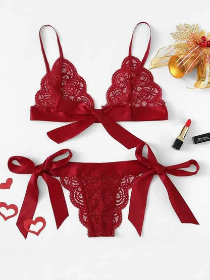 Split Cut Ruffled Sexy Lace Strap Three-Point Sexy Lingerie