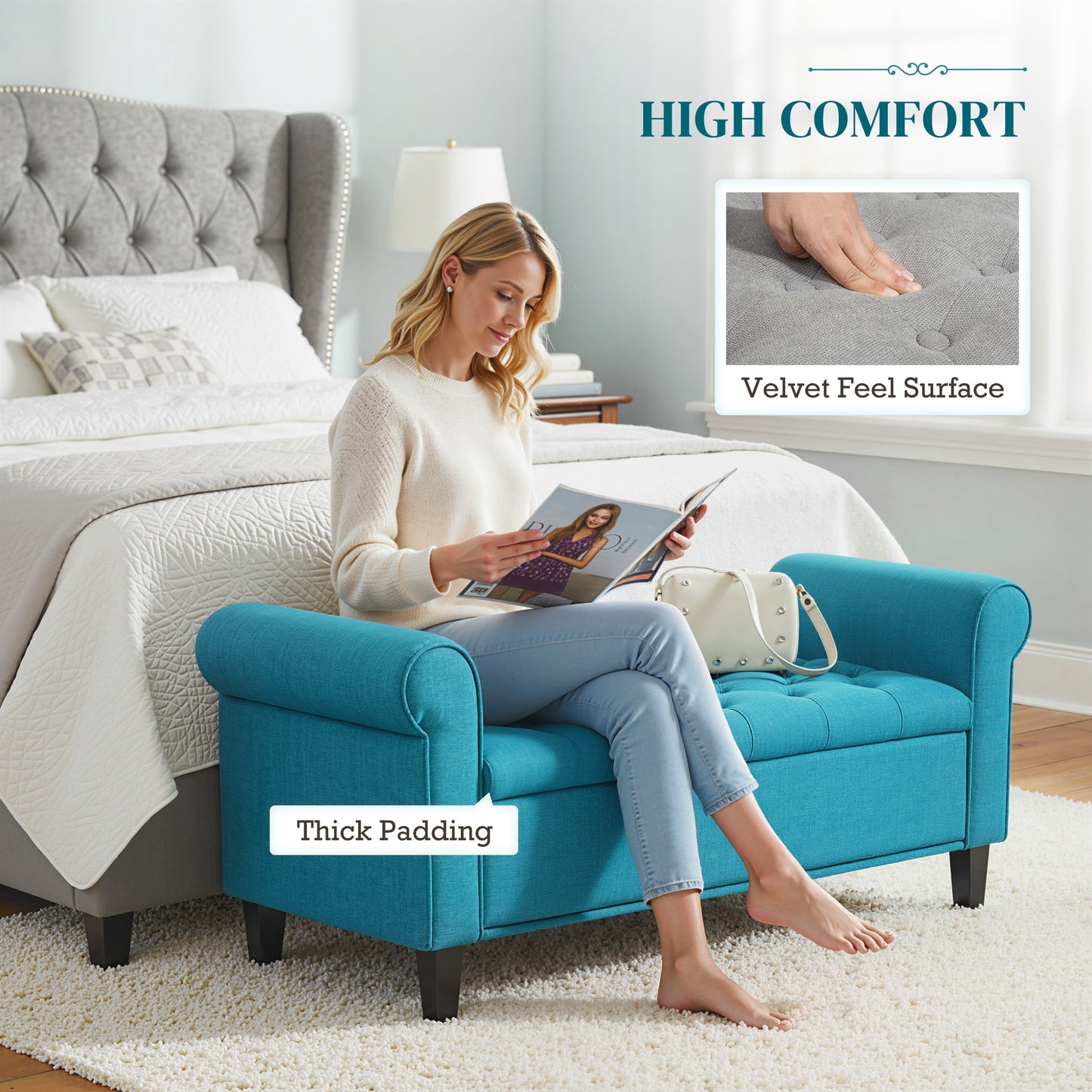 50 Inches Storage Ottoman, End of Bed Bench with Rolled Arms, Wood Legs, Button Tufted Storage Bench, Teal