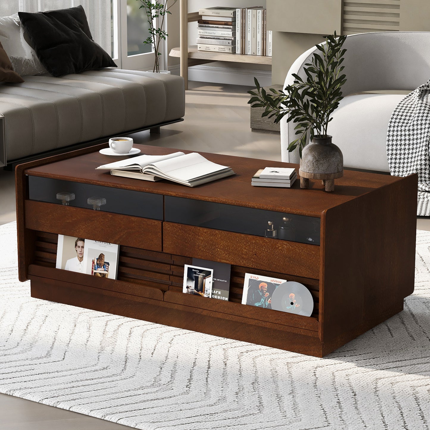 U-Can Modern Rectangle Coffee Table With 4 Drawers And 2 Display Shelves, 47.2  Wood Coffee Table With Fluted Style, Tempered Glass For Living Room