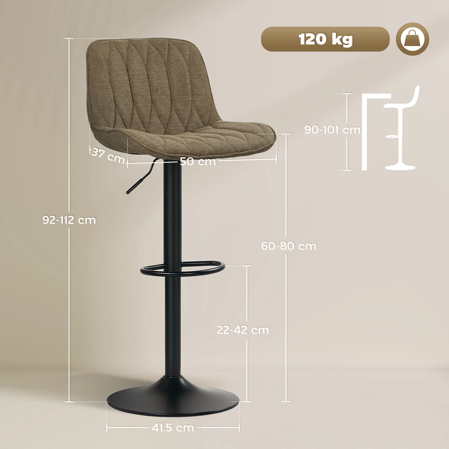 Set Of Two Linen-Look Bar Stools - Brown