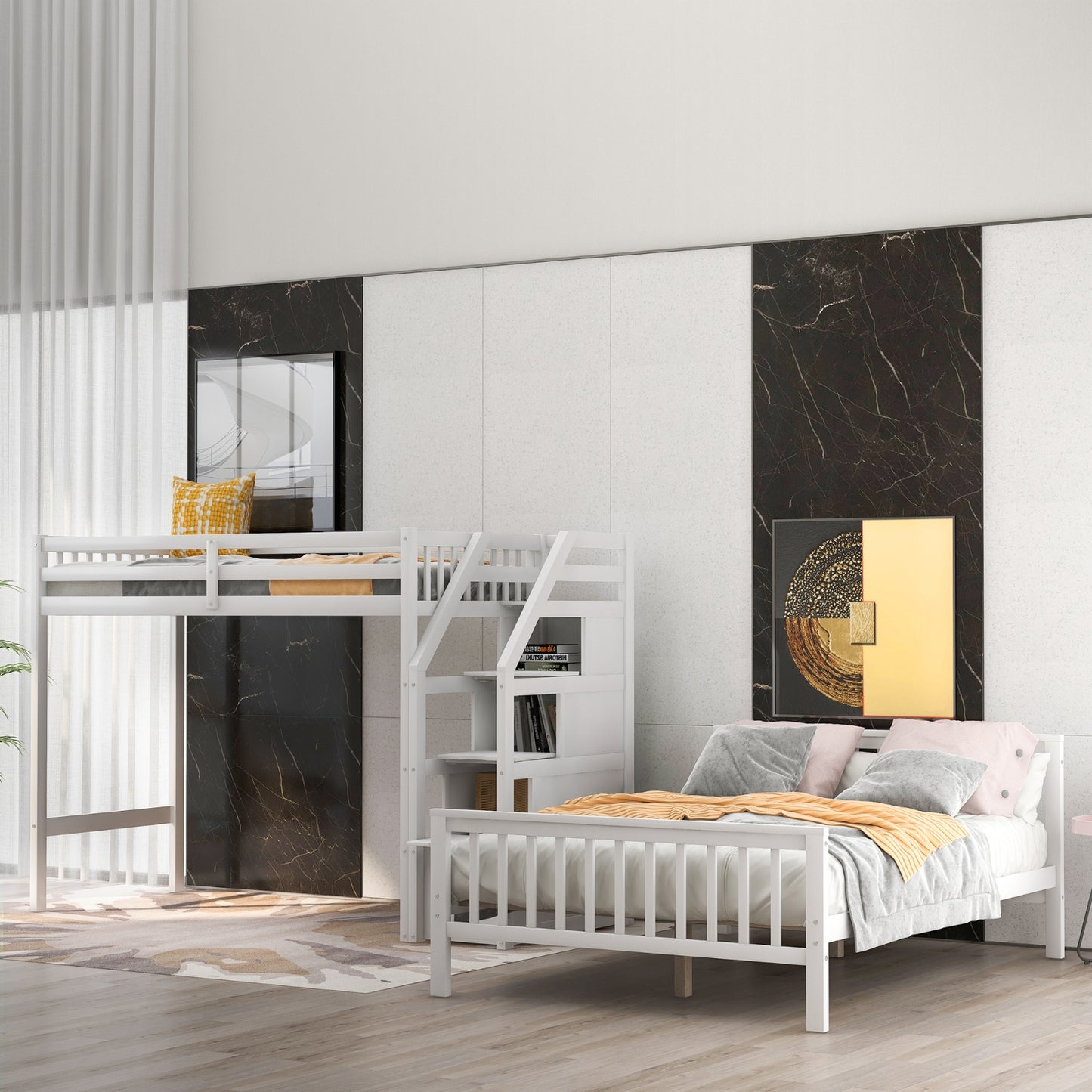Twin Over Full Loft Bed With Staircase,White