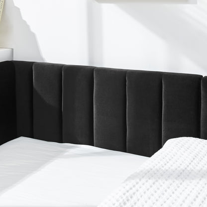 Full Size Upholstered Tufted Bed Frame, Sofa Bed Frame With Comfortable Backrest And Armrests, Full Size Bed For Bedroom, Living Room,Velvet-Black 81x60x29.5