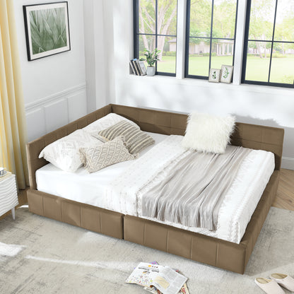 Queen Size Storage Upholstered Tufted Bed Frame, Sofa Bed Frame With Comfortable Backrest And Armrests, Queen Size Bed For Bedroom, Living Room,Velvet, BROWN 85.5x64.5x29.5