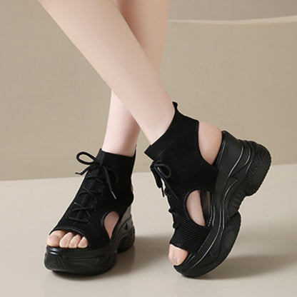 Cutout Mesh Wedge Sandals