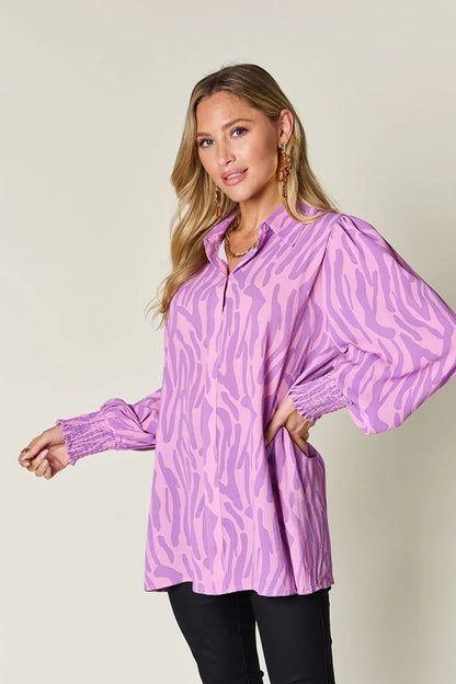 Double Take Full Size Printed Smocked Long Sleeve Blouse Plus Size