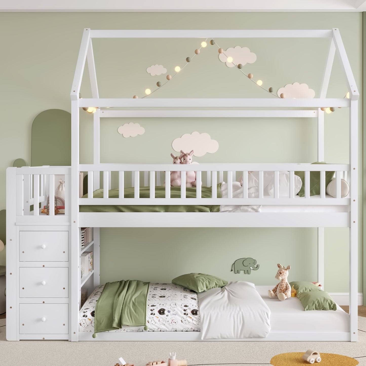 TWIN TWIN HOUSE BUNK BED WITH SHELVES AND DRAWERS FOR WHITE COLOR