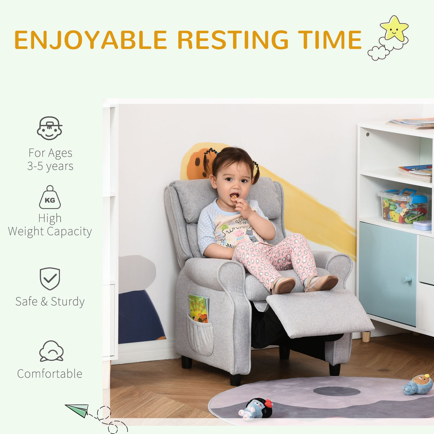 Kids Recliner Chair Children Sofa Angle Adjustable Single Lounger Armchair Gaming Chair with Footrest 2 Side Pockets for 3-5 Years