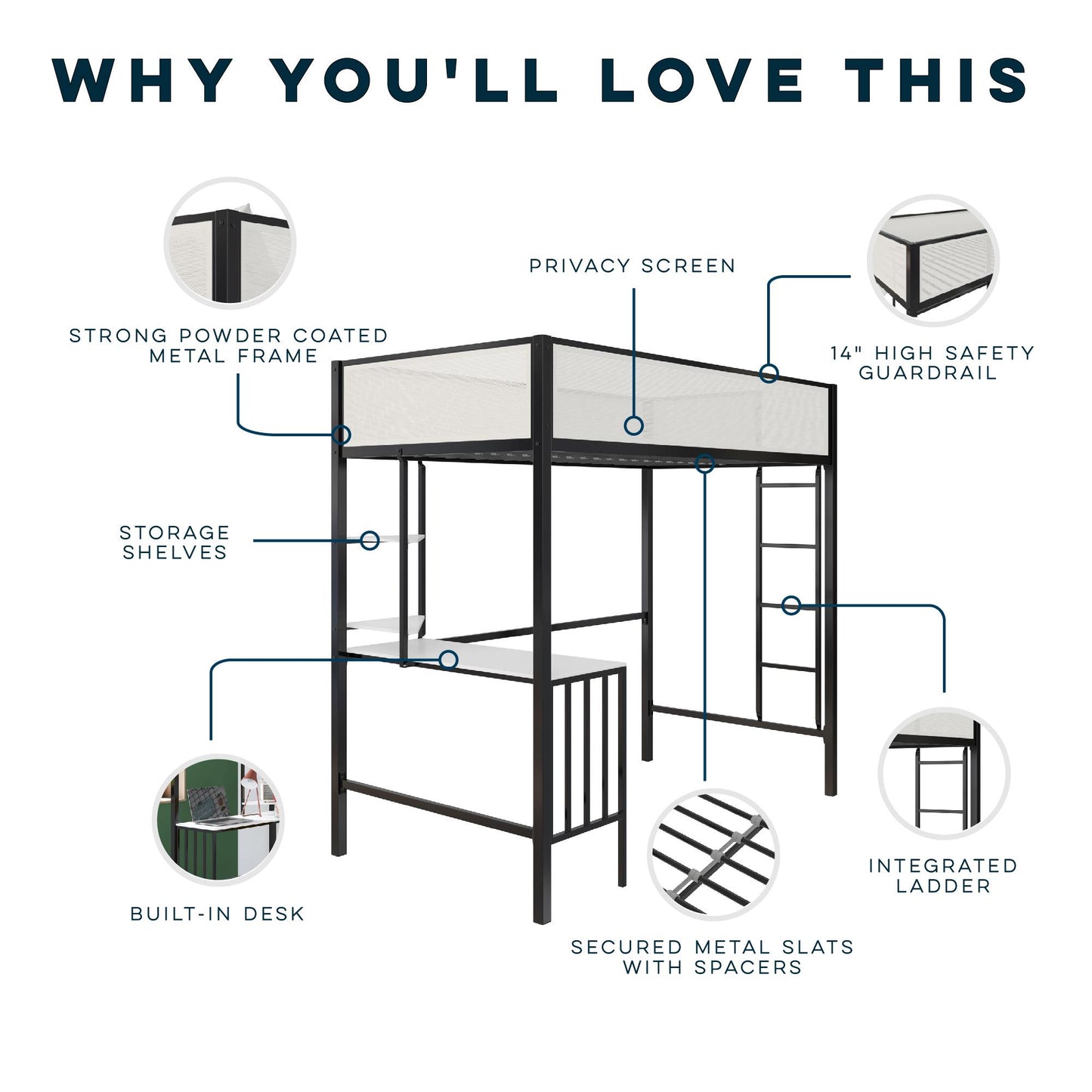 Axel Twin Loft Bed With Desk & Shelves