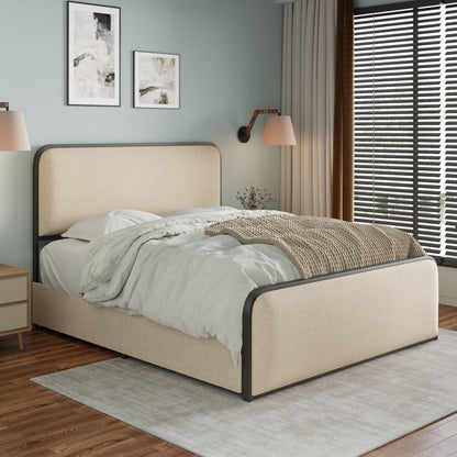 Modern Metal Bed Frame With Curved Upholstered Headboard And Footboard Bed With 4 Storage Drawers, Heavy Duty Metal Slats, Queen Size, Beige