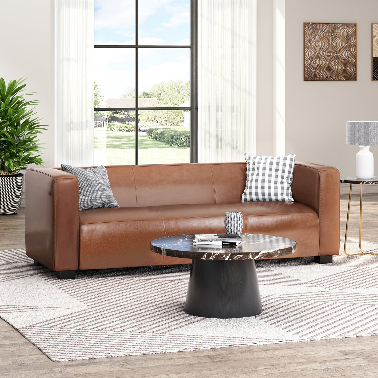 Light Brown Leather Sofa - Modern 3-Seater Living Room Couch With Plush Comfort, 80.25 Wide - Elegant Home Furniture