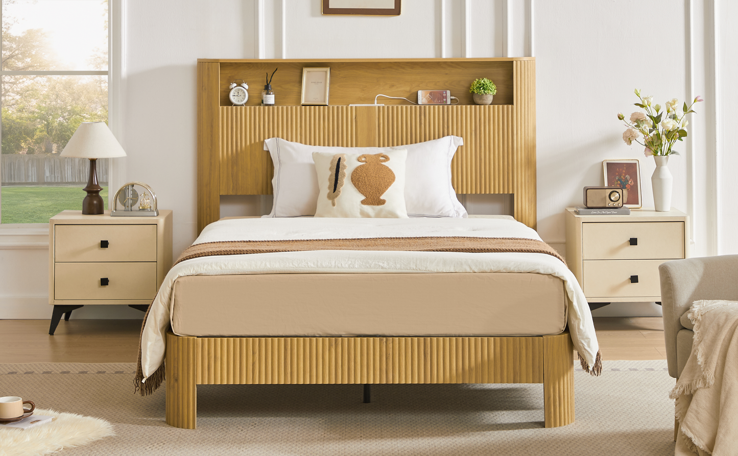 Full Extra Long Full XL  Size Bed Frame With Storage Headboard, Built-in Charging Station, Wavy Curved Lines Design, Silent Operation, Metal Support, Natural