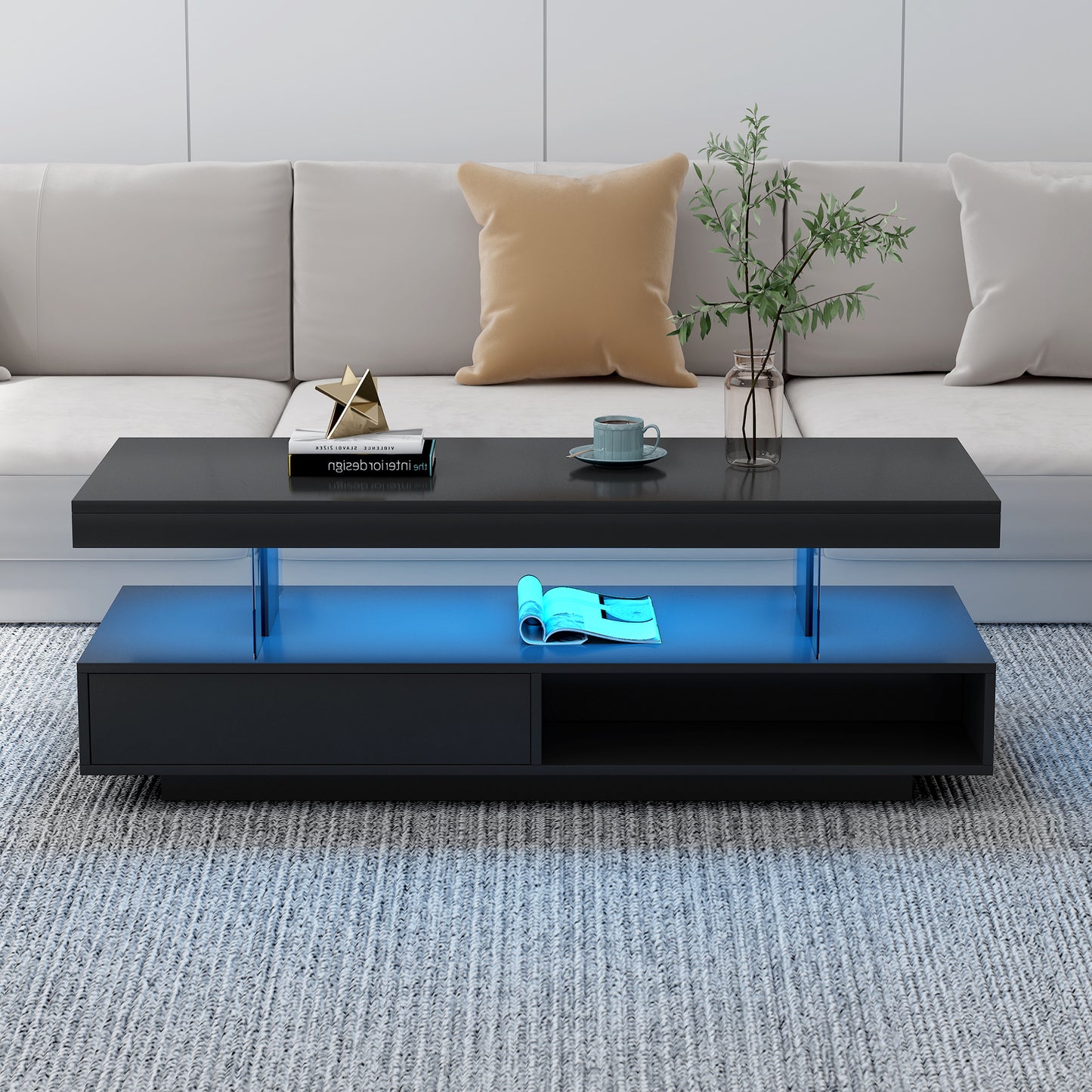 VIBE HAUS LED Coffee Table With Storage, Modern Center Table With 2 Drawers And Display Shelves, Accent Furniture With LED Lights For Living Room,Black