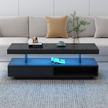 VIBE HAUS LED Coffee Table With Storage, Modern Center Table With 2 Drawers And Display Shelves, Accent Furniture With LED Lights For Living Room,Black