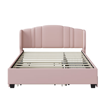 Upholstered Platform Bed With Wingback Headboard, One Twin Trundle And 2 Drawers, No Box Spring Needed, Linen Fabric, Queen Size, Pink