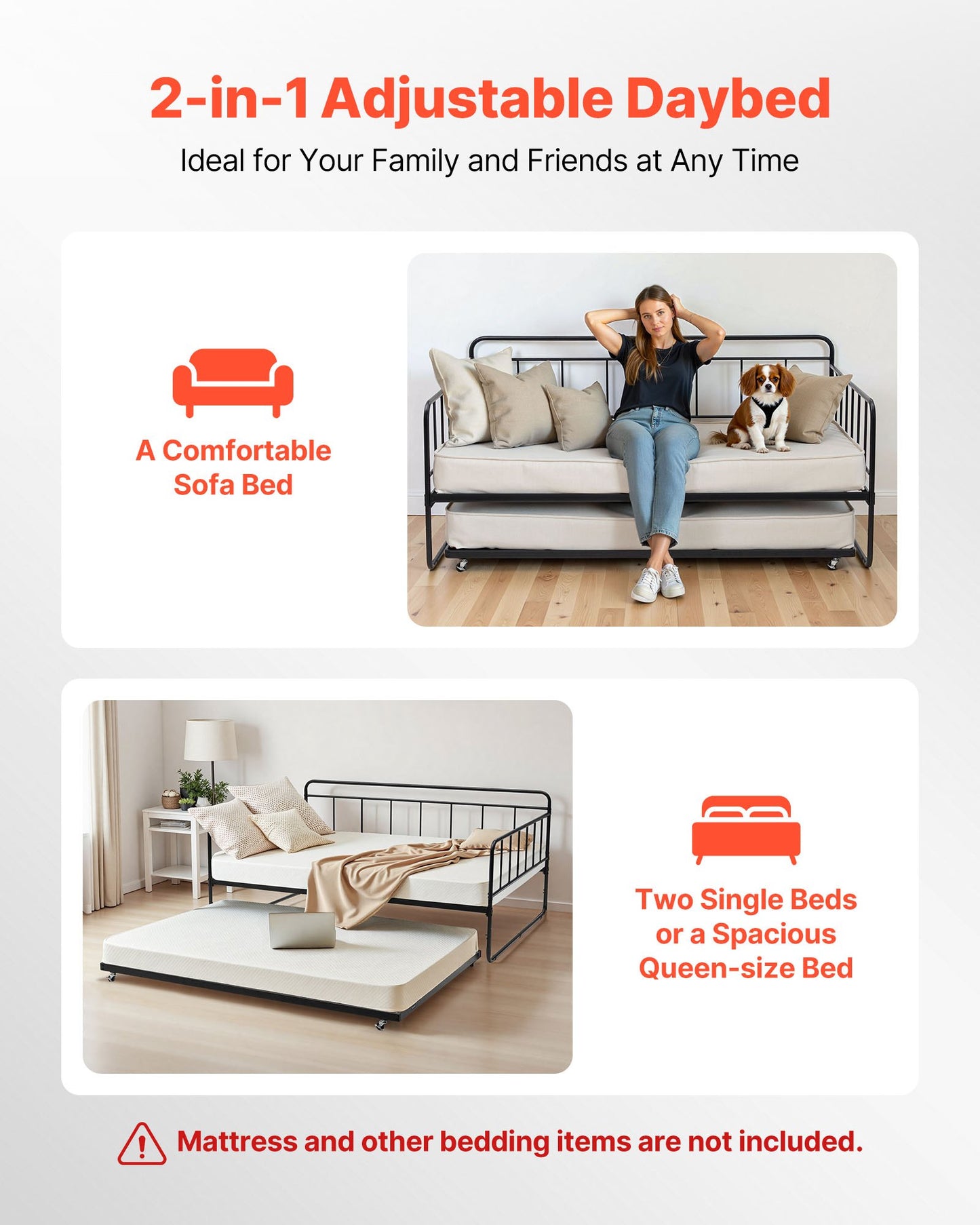 Full Size Daybed Frame, Day Bed With Trundle, Heavy Duty Metal Platform Bed Frame, Full Daybed With Metal Slats Support For Living Room, Bedroom, Guest Room, Easy Assembly, Black