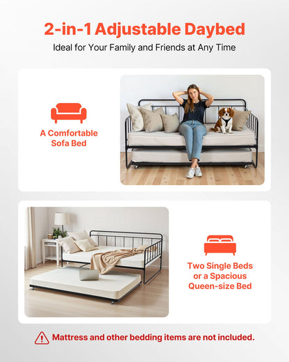 Full Size Daybed Frame, Day Bed With Trundle, Heavy Duty Metal Platform Bed Frame, Full Daybed With Metal Slats Support For Living Room, Bedroom, Guest Room, Easy Assembly, Black