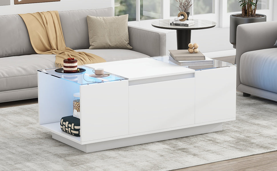 U-Can Led Coffee Table, Modern Center Table With High-Gloss Finish And Glass Tabletop, Coffee Table With Open Storage Compartment And 2 Hidden Drawers  For Living Room