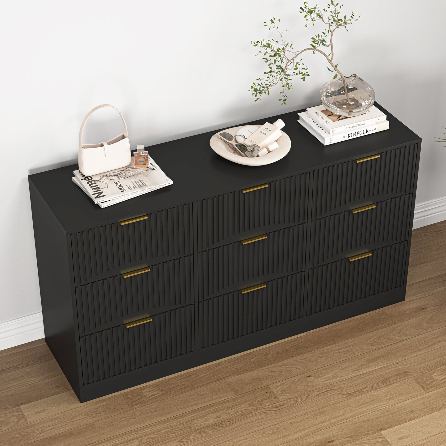 Black 9 Drawer Dresser, 63 Large Deep Chest Of Drawers, Wooden Dresser Storage Cabinet With 9 Drawers For Bedroom, Long Dressers For Living Room, Hallway, Drawer Panel With Wavy Patterns