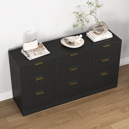 Black 9 Drawer Dresser, 63 Large Deep Chest Of Drawers, Wooden Dresser Storage Cabinet With 9 Drawers For Bedroom, Long Dressers For Living Room, Hallway, Drawer Panel With Wavy Patterns