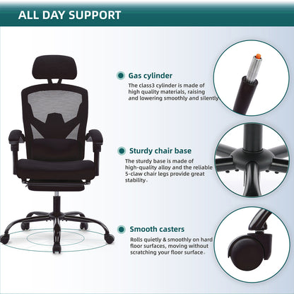 Retractable Footrest Ergonomic Swivel Office Chair With Lumbar Support Pillow And Padded Armrests