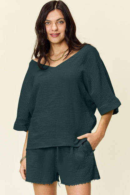 Textured Cotton T-Shirt and Drawstring Shorts Set