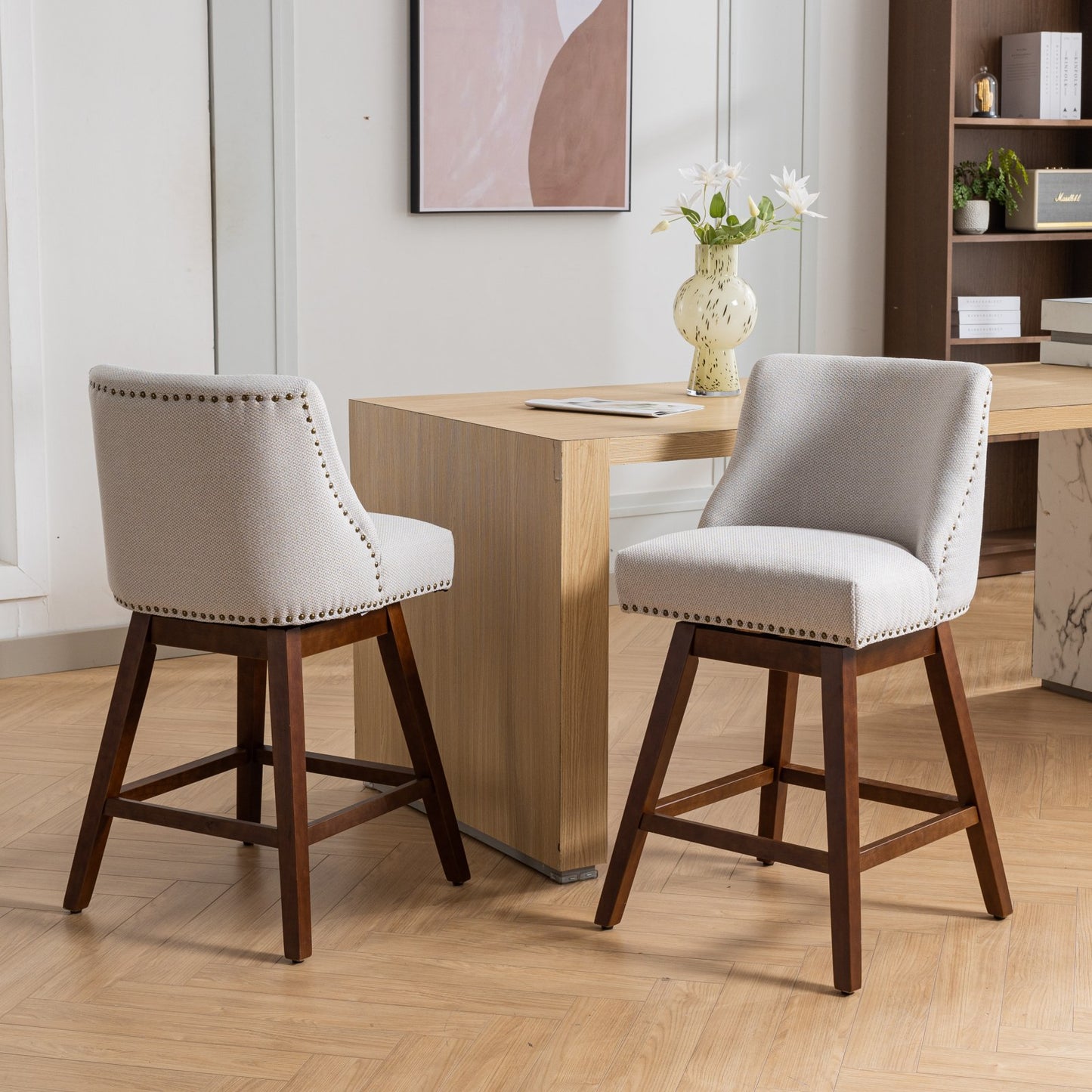 Counter Height Swivel Barstools, 26'' H Seat Height Upholstered Bar Stools Set Of 2, Fabric In Ivory
