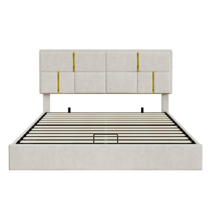 2-Pieces Bedroom Sets,Queen Size Upholstered Platform Bed With Hydraulic Storage System,Storage Ottoman With Metal Legs,Beige