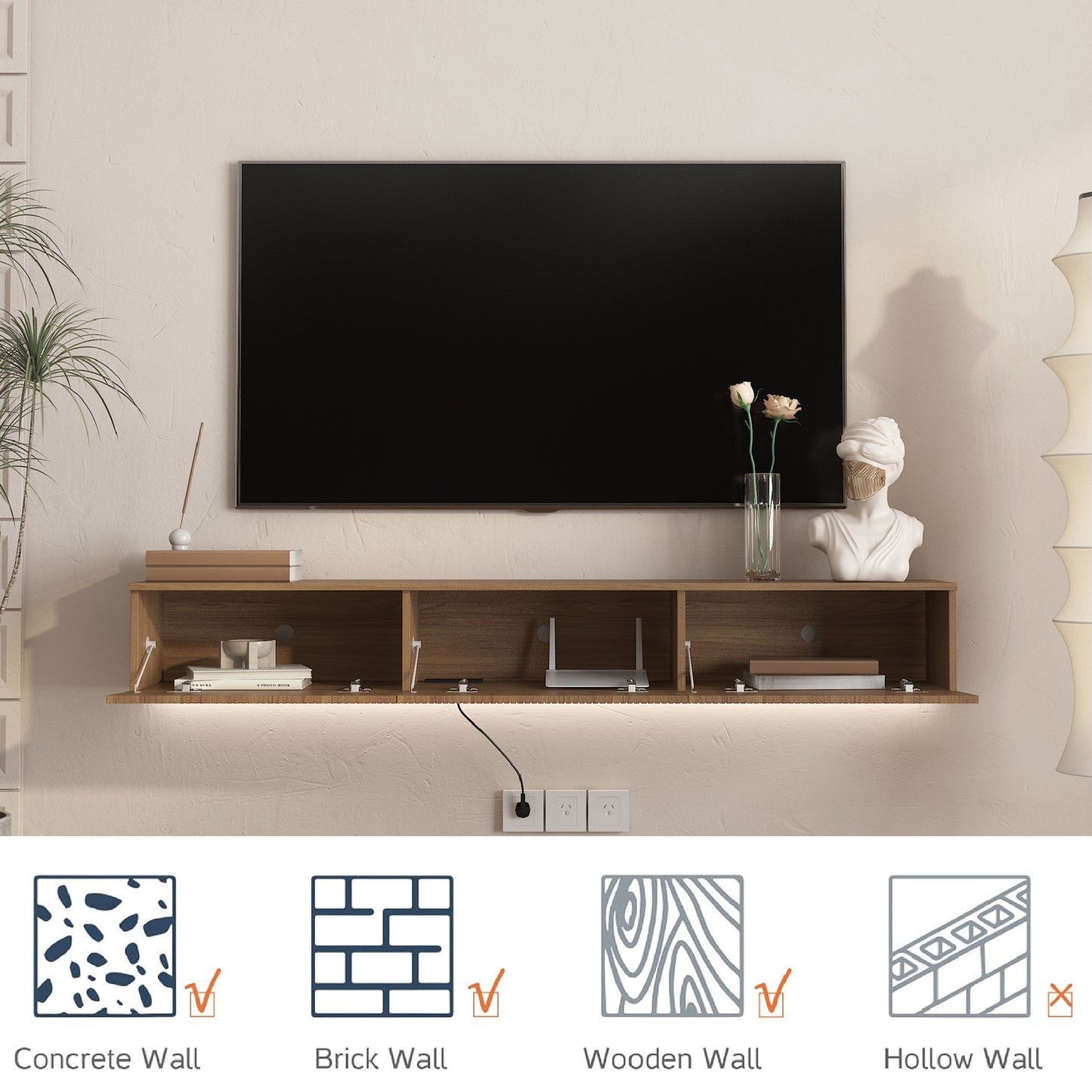 Floating TV Stand Wall Mounted With 16 Color LEDs,65inch Modern TV Stand, Floating TV Cabinet Entertainment Center For 55 60 65 Inch TV