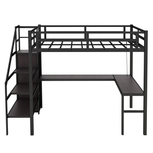Twin XL Size Loft Bed With L-shaped Desk And USB, Metal Loft Bed With Wardrobe And Adjustable Shelf, High Loft Bed With LED For Kids Teens Adults, Black