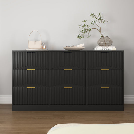 Black 9 Drawer Dresser, 63 Large Deep Chest Of Drawers, Wooden Dresser Storage Cabinet With 9 Drawers For Bedroom, Long Dressers For Living Room, Hallway, Drawer Panel With Wavy Patterns