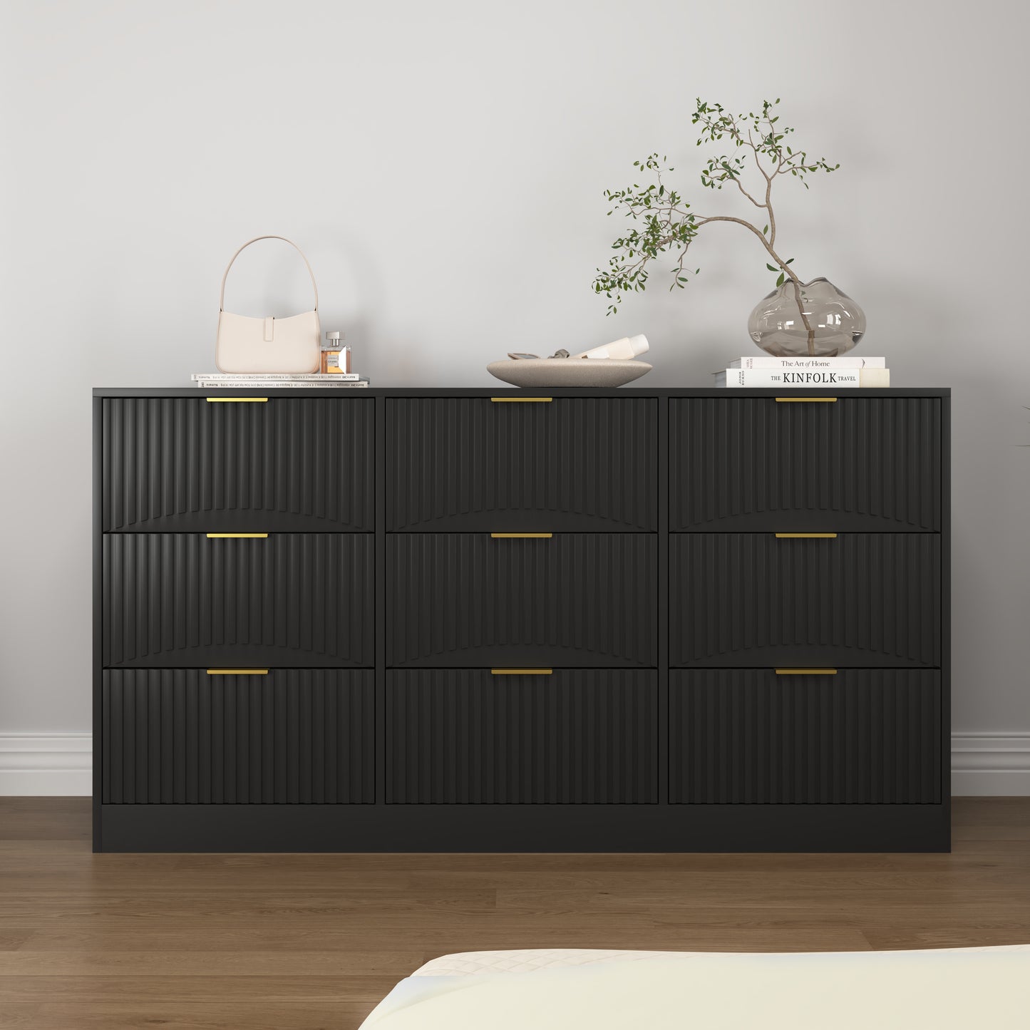 Black 9 Drawer Dresser, 63 Large Deep Chest Of Drawers, Wooden Dresser Storage Cabinet With 9 Drawers For Bedroom, Long Dressers For Living Room, Hallway, Drawer Panel With Wavy Patterns