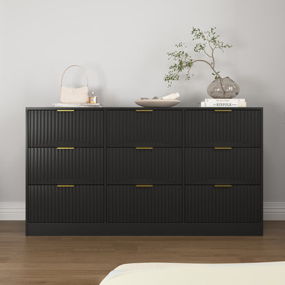 Black 9 Drawer Dresser, 63 Large Deep Chest Of Drawers, Wooden Dresser Storage Cabinet With 9 Drawers For Bedroom, Long Dressers For Living Room, Hallway, Drawer Panel With Wavy Patterns