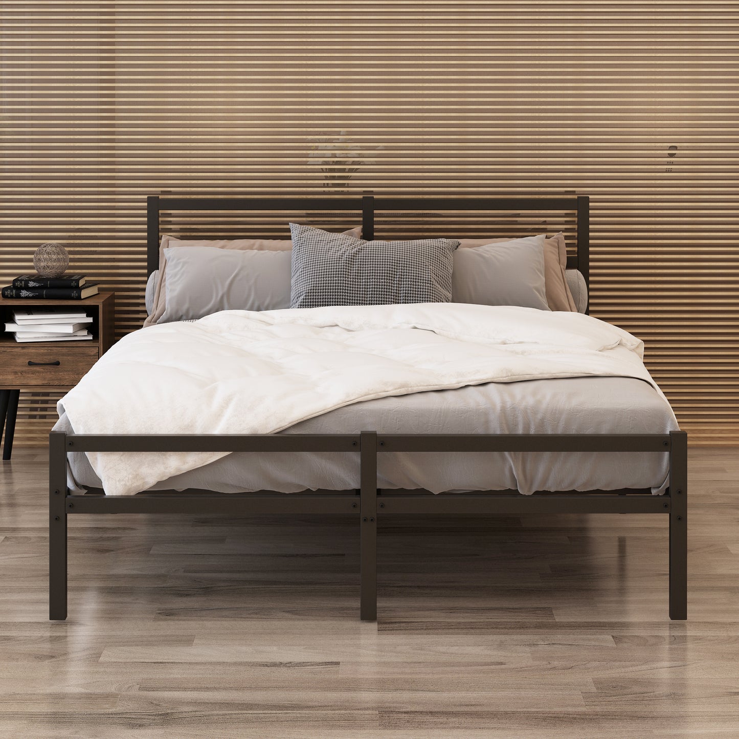 Metal Platform Bed Frame With Headboard, Sturdy Metal Frame, No Box Spring NeededQueen