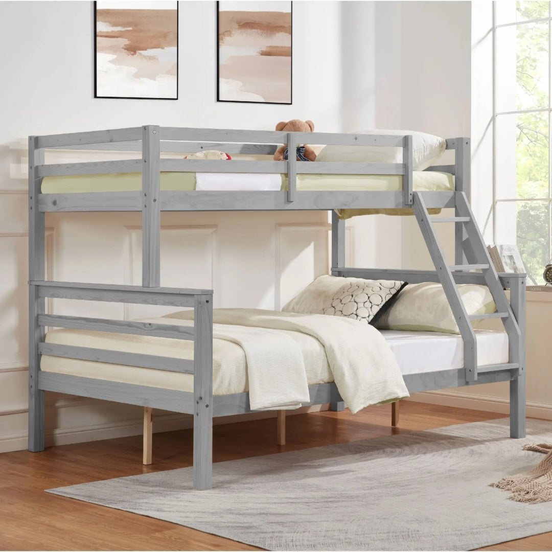 Twin Over Full Bunk Bed With Thick Posts,Wooden Bunk Bed With High Guardrail And Ladder For Kids, Teens, Dorm Rooms, And Guest Rooms,No Box Spring Needed,Grey