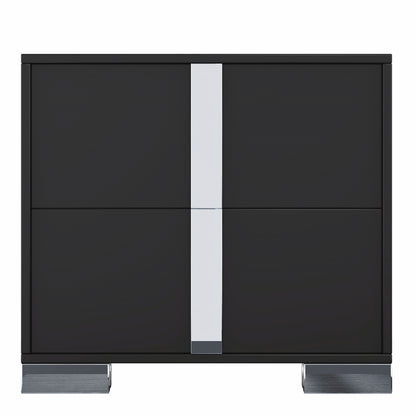 Elegant Nightstand With Metal Foot, Mirrored Bedside Table With 2 Drawers For Bedroom, Living Room, Black