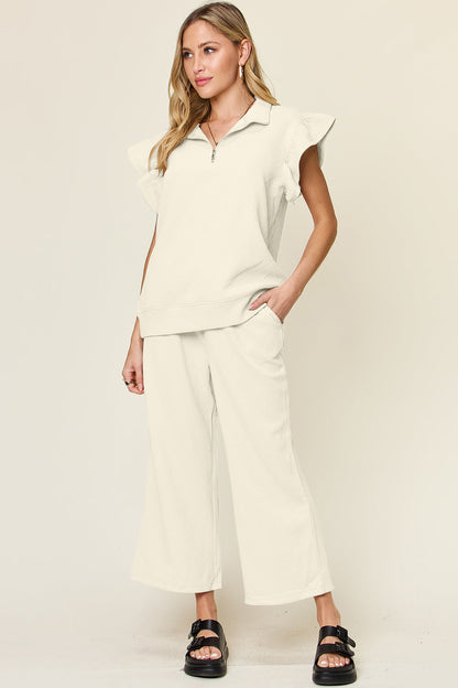 Textured Ruffle Top & Drawstring Wide Leg Pants Set