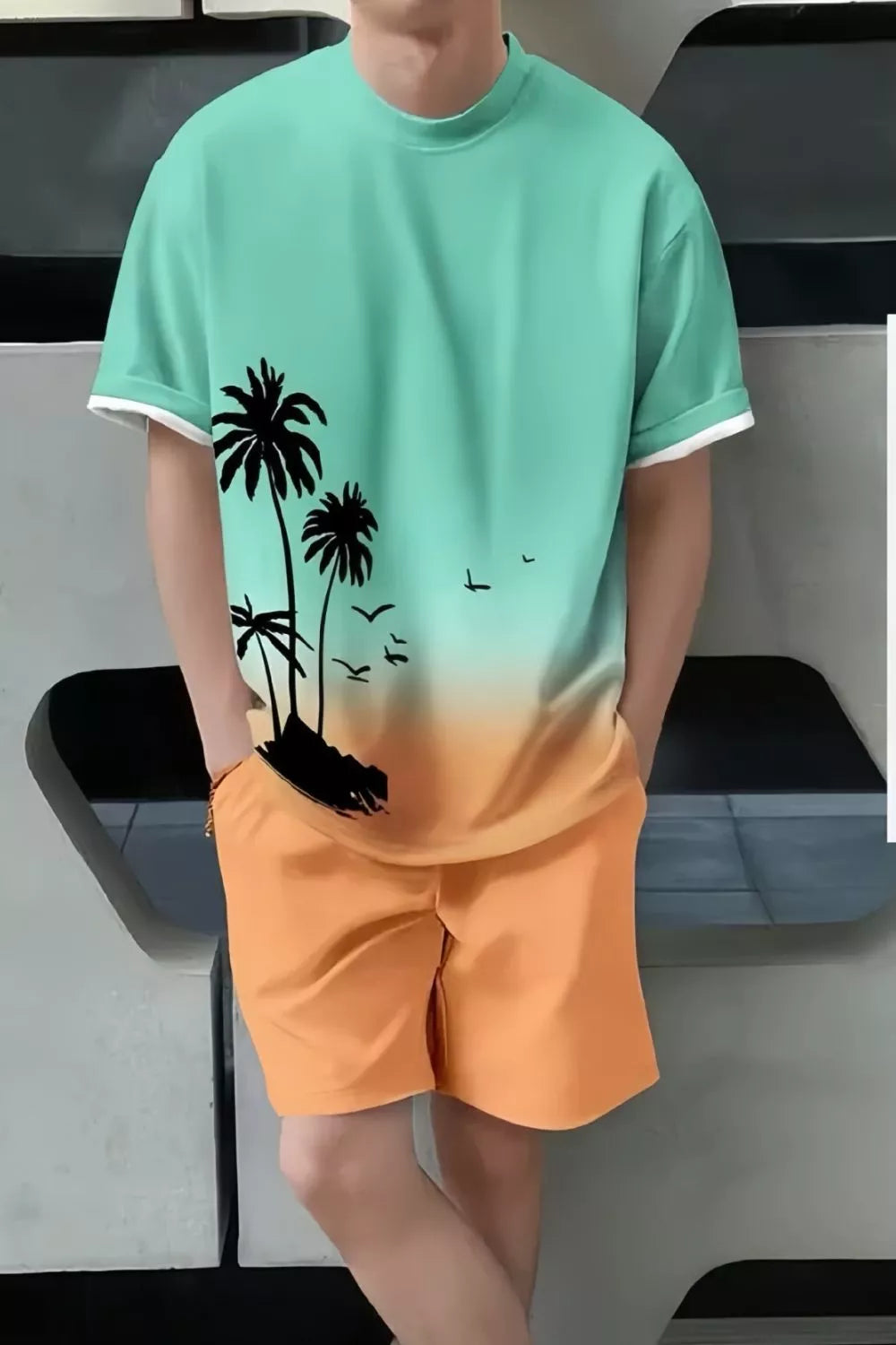 Men's Full Size Tropical Print Casual Tee and Shorts Set Plus Size