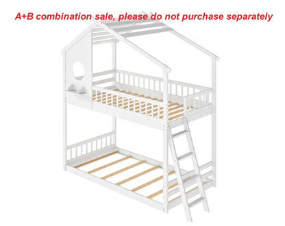 A-B Combination Sale, Please Do Not Buy Separately---Wood Twin Over Twin House Bunk Bed, Loft Bed With Ladder, Safety Guardrail, Wooden Slats & Window