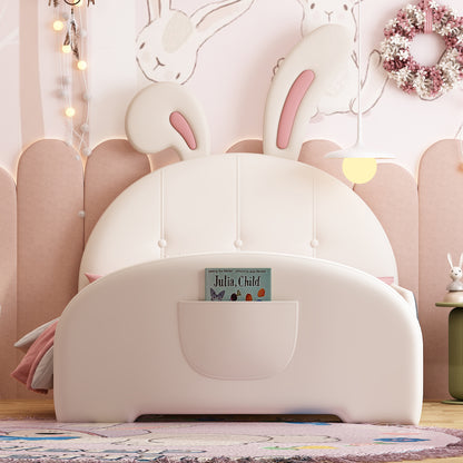 Twin Size Upholstered Rabbit-Shape Princess Bed ,Twin Size Platform Bed With Headboard And Footboard,White