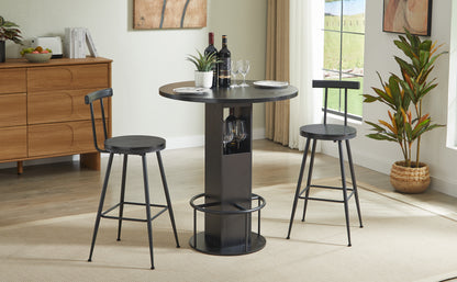3-Piece Bar Table And Stool Set 31.5-inch Round Bar Table With Two Stools Compact Wooden Dining Bar With Metal Ring Footrest Ideal For Restaurants, Cafes, Bars, Living Rooms, And Small Spaces,Black