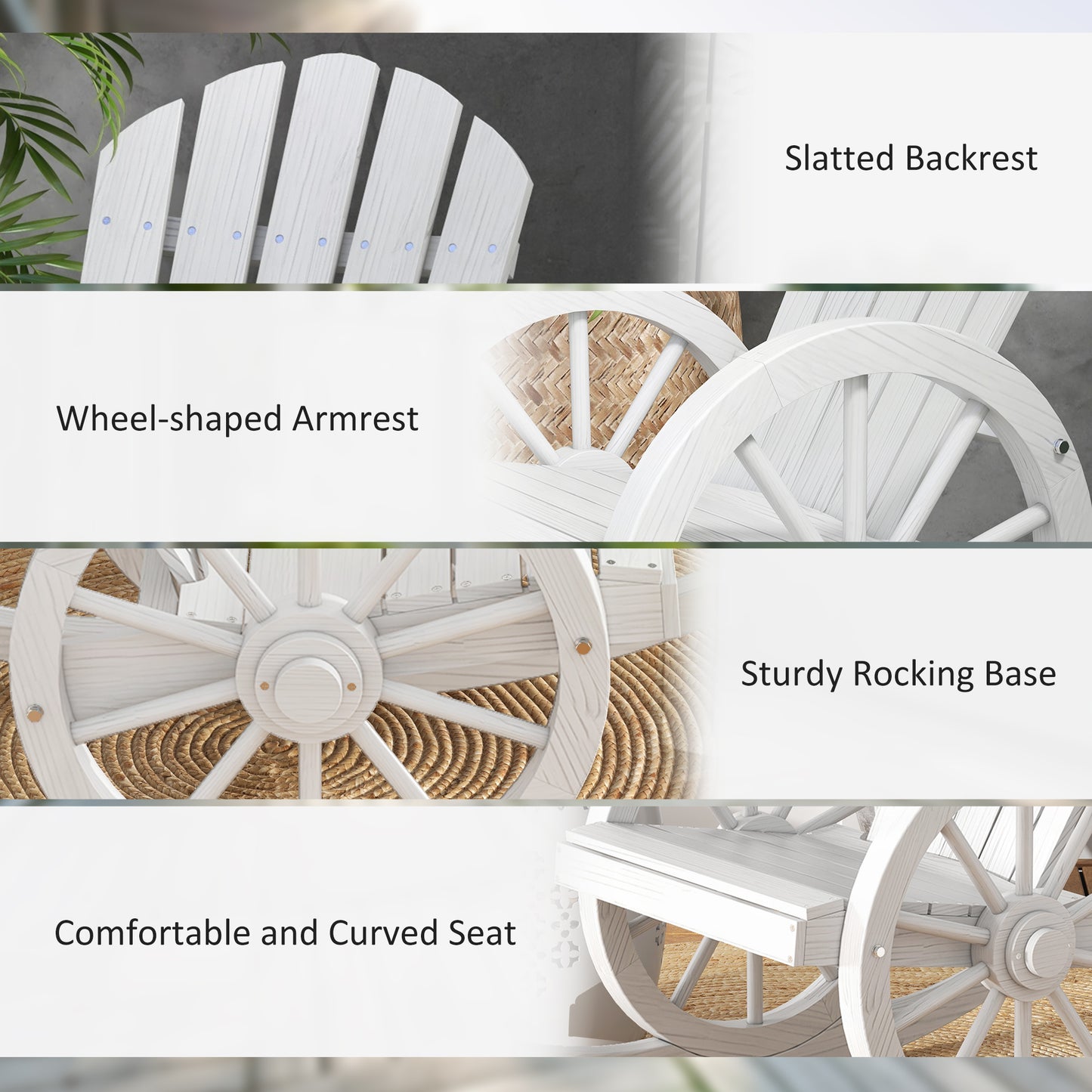 Wooden Rocking Chair, Adirondack Rocker Chair w/ Slatted Design and Oversized Back, for Porch, and Garden, White