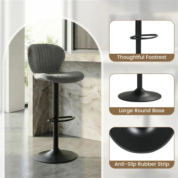 2-Pack Adjustable Height Bar Stools With 360° Swivel, Dutch Velvet Upholstered Bar Chai - Gray