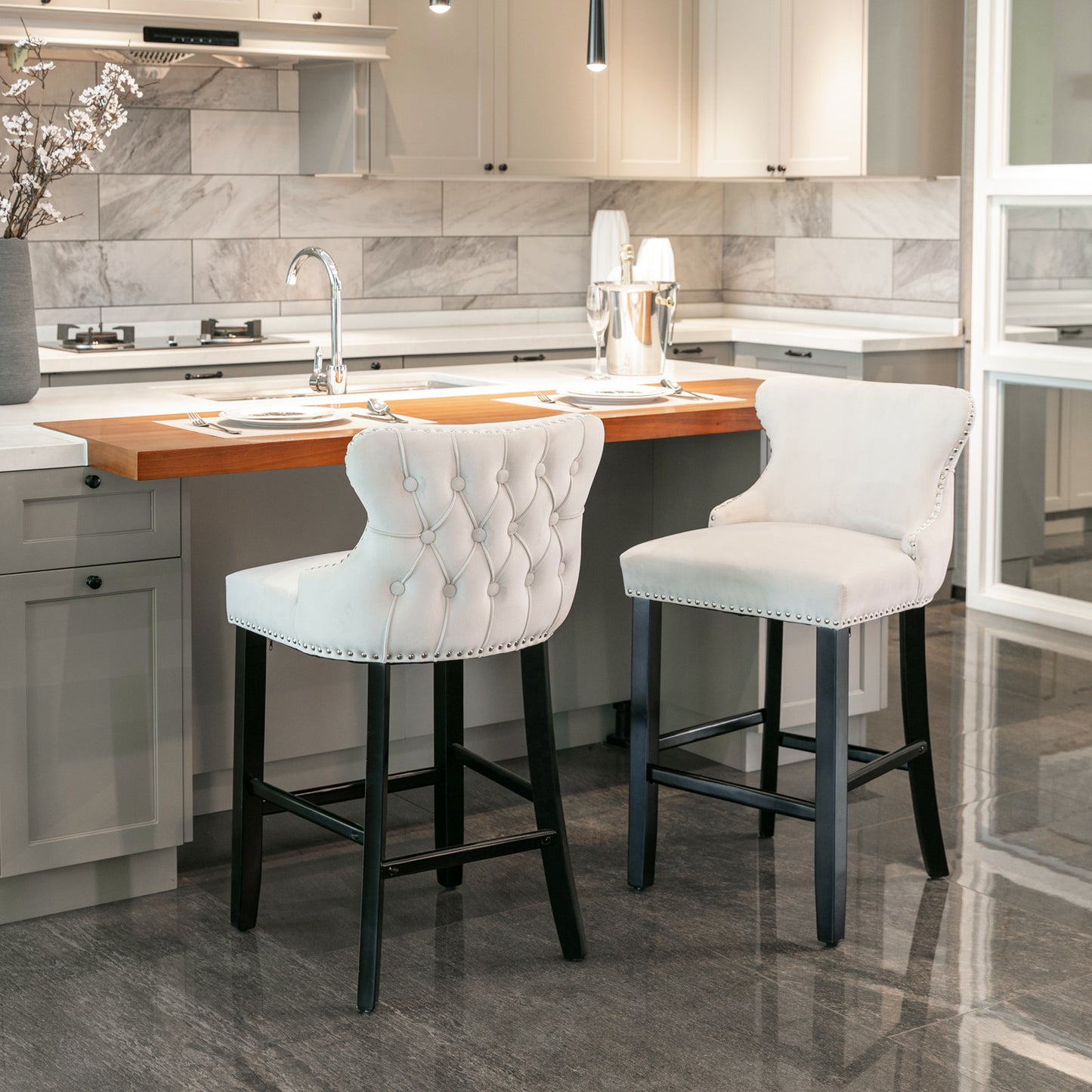 A&A Furniture,Contemporary Velvet Upholstered Wing-Back Barstools With Button Tufted Decoration And Wooden Legs, And Chrome Nailhead Trim, Leisure Style Bar Chairs,Bar Stools, Set Of 2 Beige,SW1824B