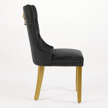 Mid-Century Modern Chairs With Lion Head Pull Ring,High-end Tufted Solid Wood Contemporary Velvet Upholstered Dining Chair With Golden Wooden Legs Nailhead Trim 2-Pcs Set,Black,SW1201BK