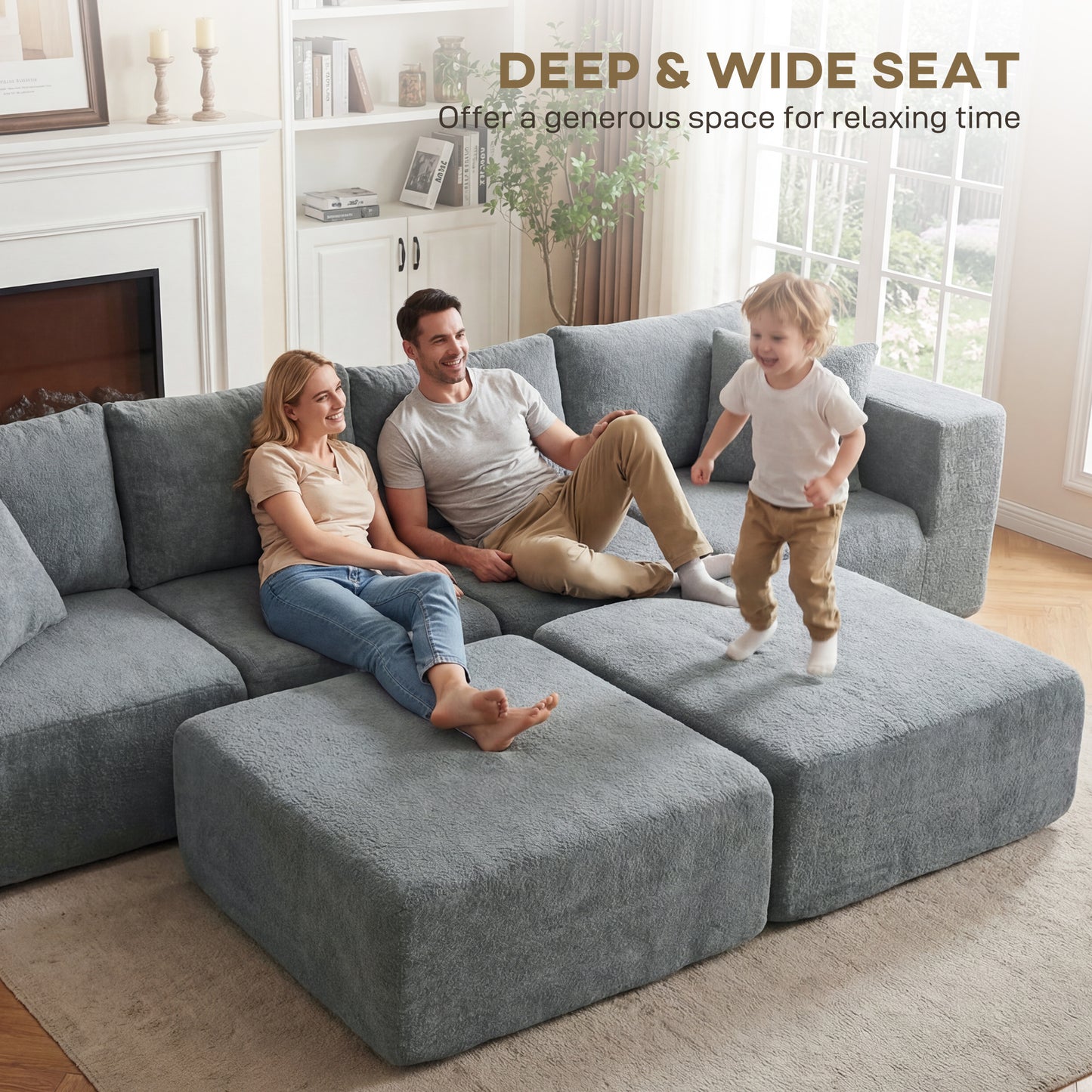 Modular Sectional Sofa, Boneless U-Shape Sectional Couch with 2 Ottomans, Dark Gray